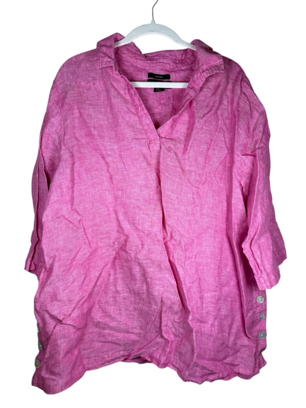 Tahari Pink 100% Linen V-Neck Side Button Tunic Blouse Size 2X Popover